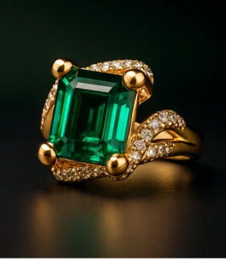 emerald and gold ring with diamond accents, luxurious jewelry, engagement and wedding ring, green emerald gemstone