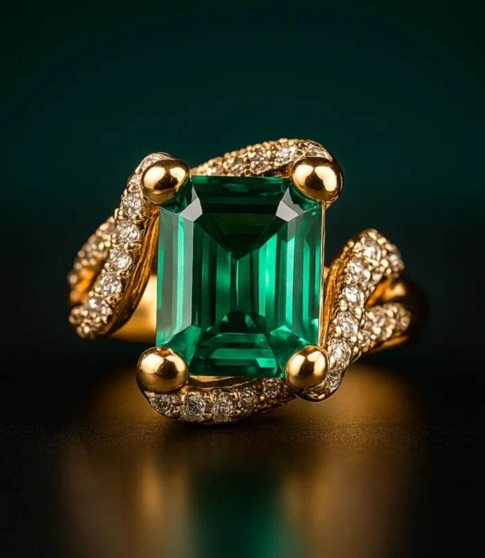 Emerald and gold ring featuring a vibrant green emerald and sparkling diamond accents, perfect for engagement or special occasions